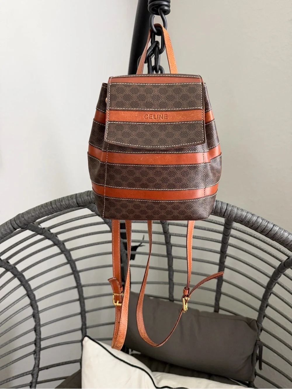 celine mini backpack Celine Brown & Tan Striped Mini Backpack